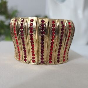 Vintage Gold Statement Bracelet With Red Rhinestones